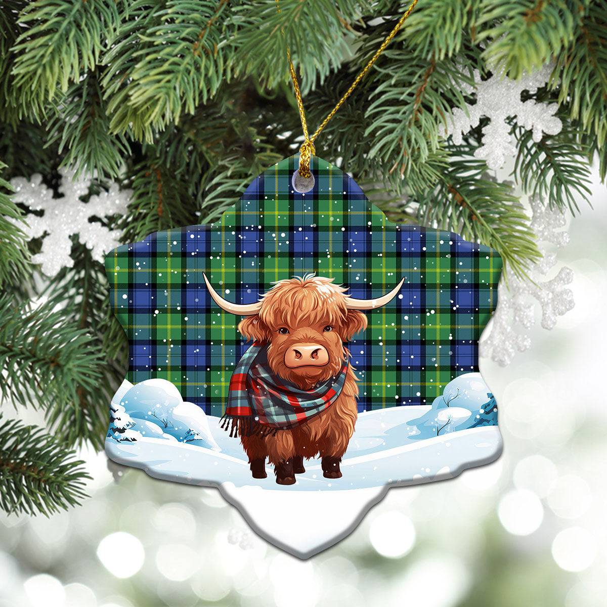 Gordon Old Ancient Tartan Christmas Ceramic Ornament - Highland Cows Snow Style