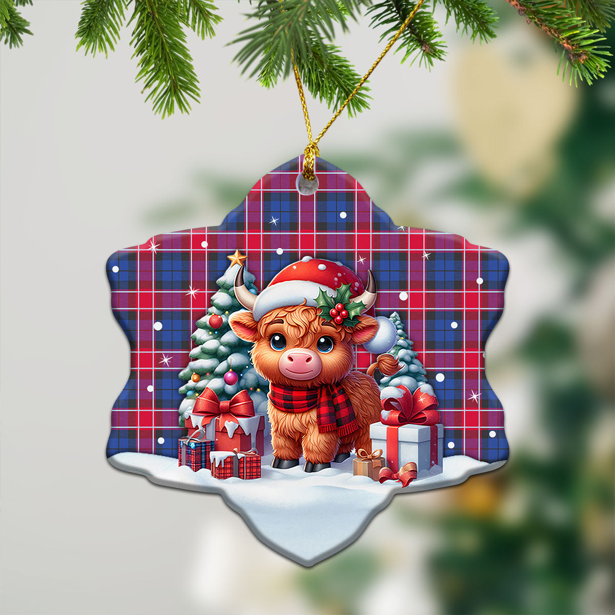 Graham of Menteith Red Tartan Christmas Ceramic Ornament - Highland Cow Winter Style