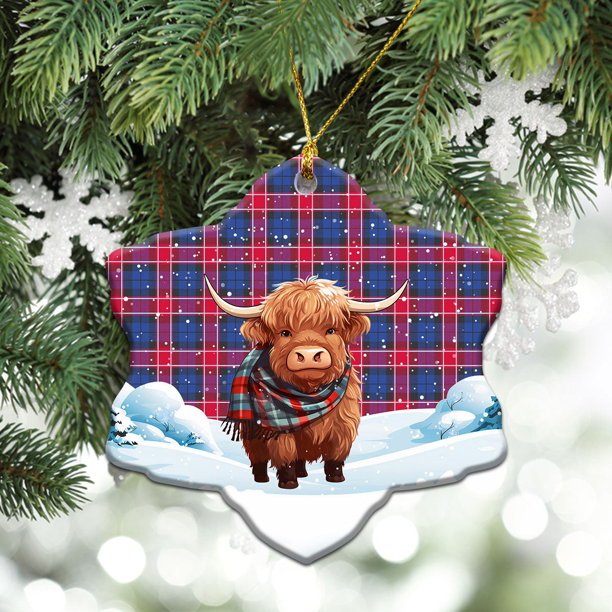 Graham of Menteith Red Tartan Christmas Ceramic Ornament - Highland Cows Snow Style