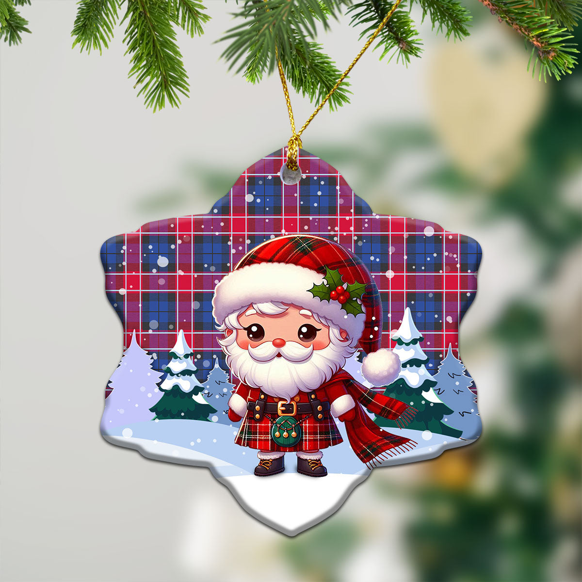 Graham of Menteith Red Tartan Christmas Ceramic Ornament - Santa Claus In Kilt Style