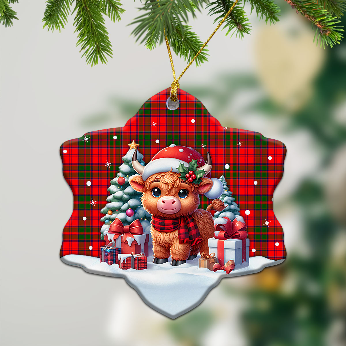 Grant Modern Tartan Christmas Ceramic Ornament - Highland Cow Winter Style