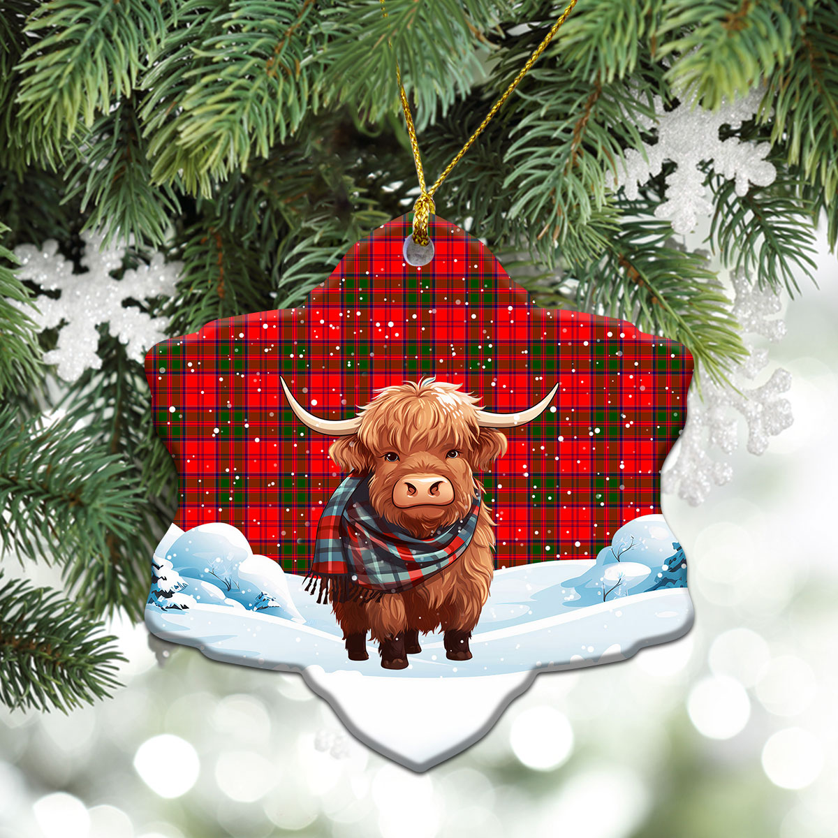 Grant Modern Tartan Christmas Ceramic Ornament - Highland Cows Snow Style