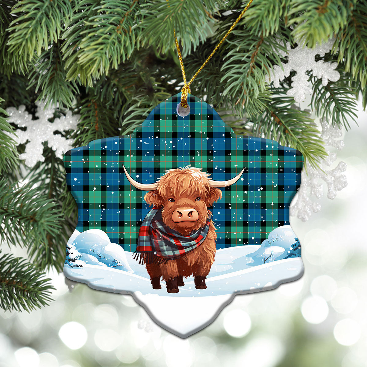 Gunn Ancient Tartan Christmas Ceramic Ornament - Highland Cows Snow Style