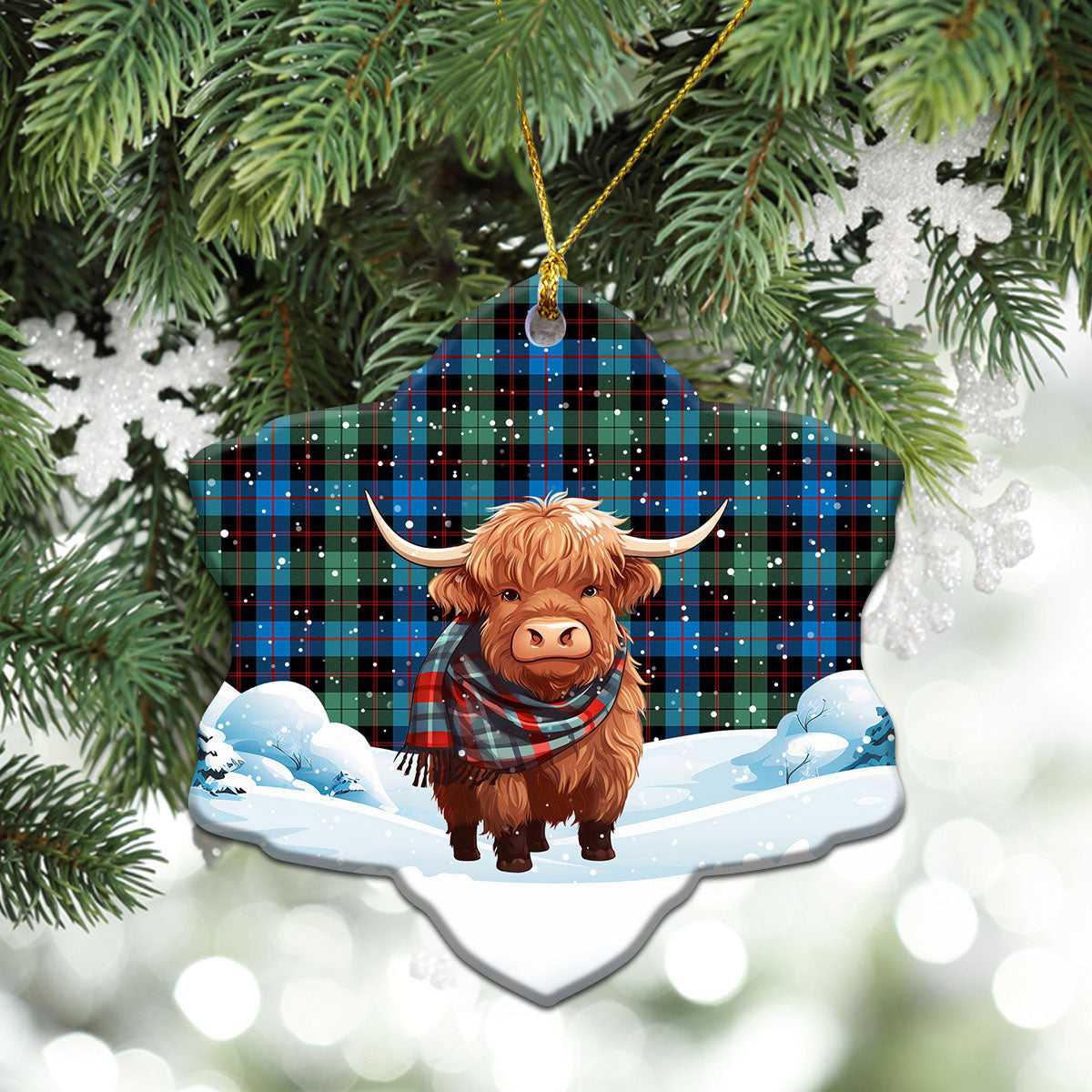 Guthrie Ancient Tartan Christmas Ceramic Ornament - Highland Cows Snow Style