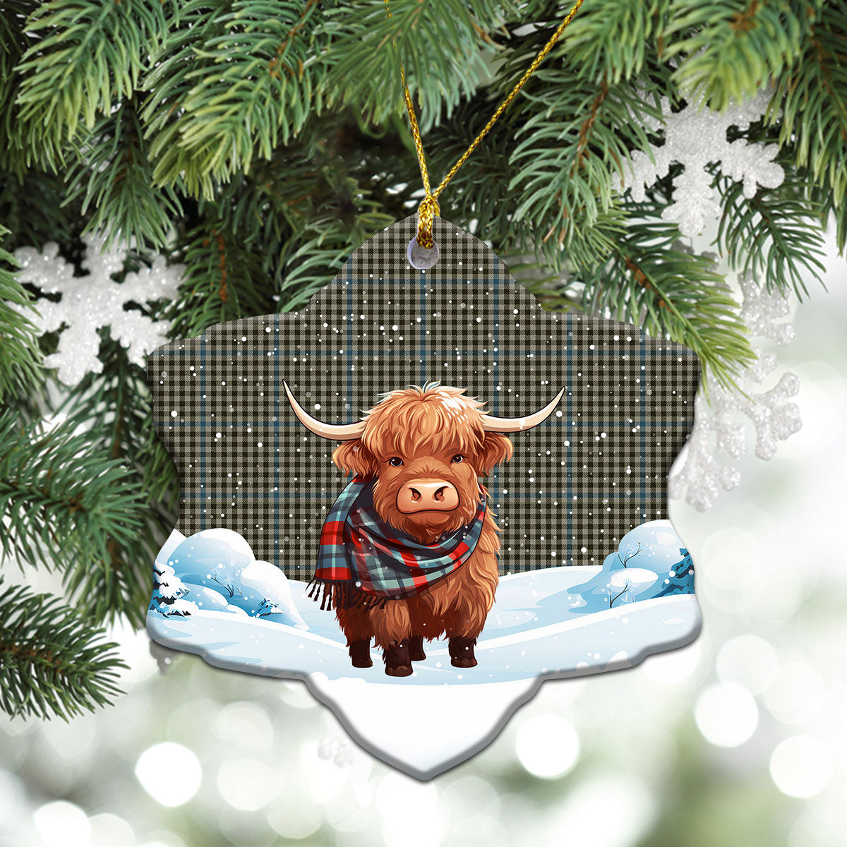 Haig Check Tartan Christmas Ceramic Ornament - Highland Cows Snow Style