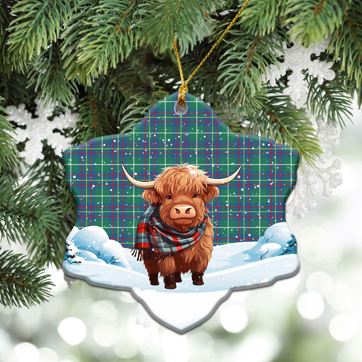 Inglis Ancient Tartan Christmas Ceramic Ornament - Highland Cows Snow Style