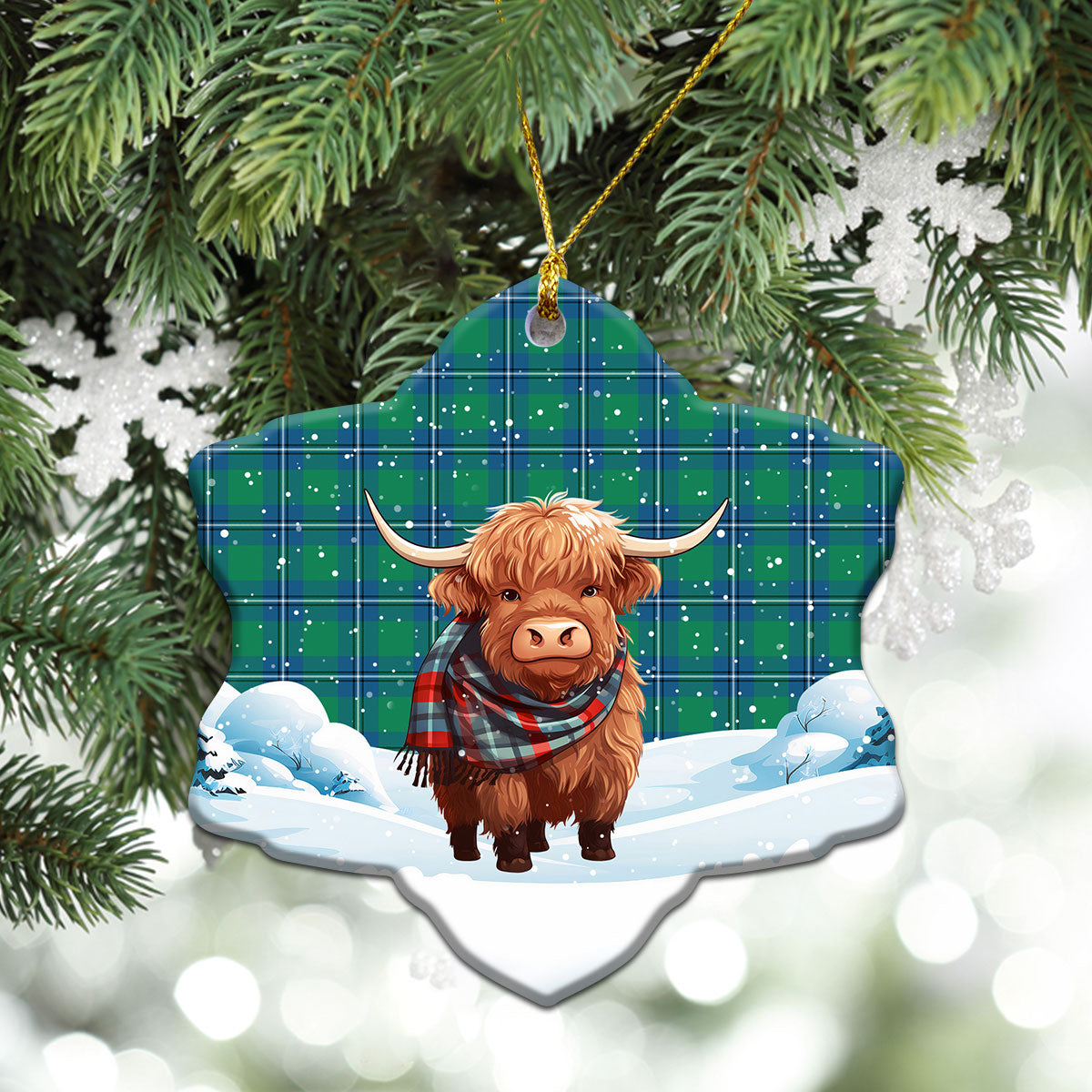 Irvine Ancient Tartan Christmas Ceramic Ornament - Highland Cows Snow Style