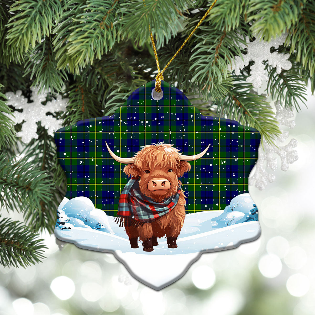 Johnson Modern Tartan Christmas Ceramic Ornament - Highland Cows Snow Style