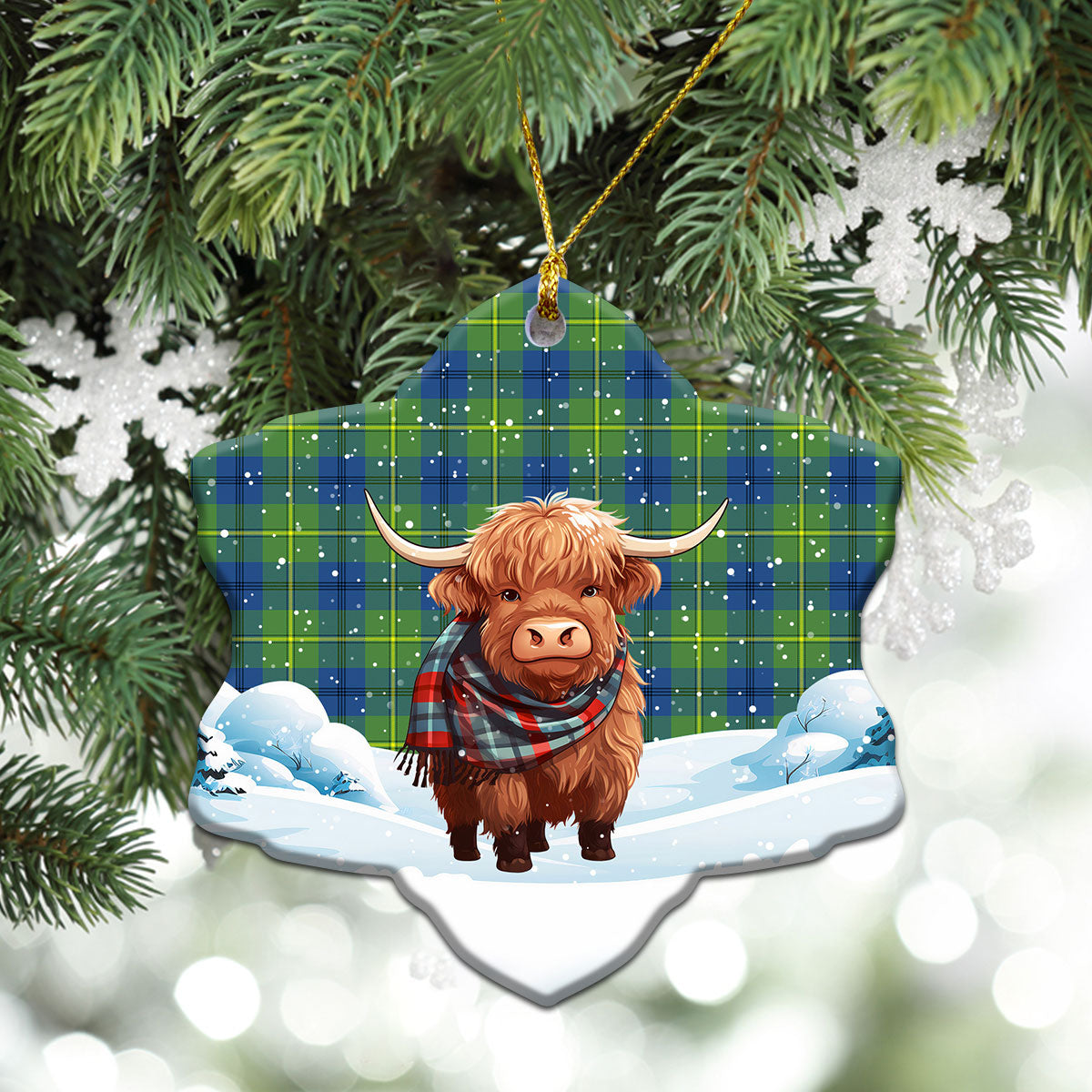 Johnstone Ancient Tartan Christmas Ceramic Ornament - Highland Cows Snow Style