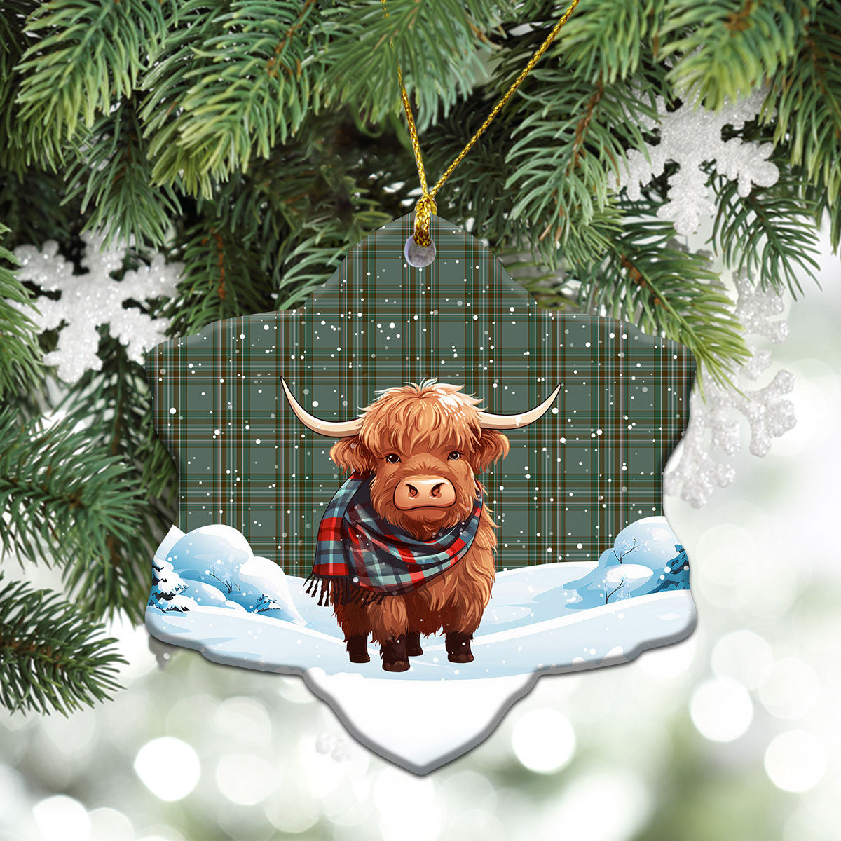 Kelly Dress Tartan Christmas Ceramic Ornament - Highland Cows Snow Style