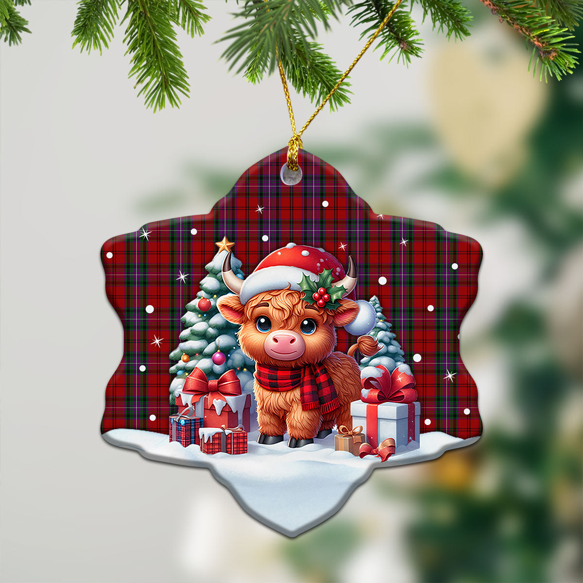 Kelly of Sleat Red Tartan Christmas Ceramic Ornament - Highland Cow Winter Style