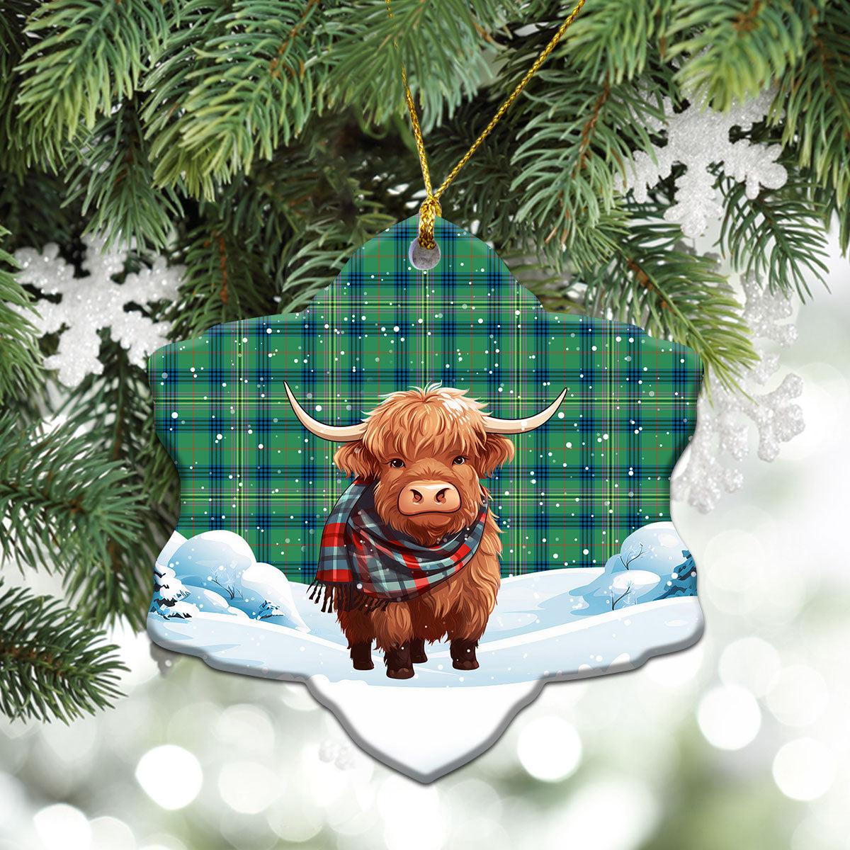 Kennedy Ancient Tartan Christmas Ceramic Ornament - Highland Cows Snow Style