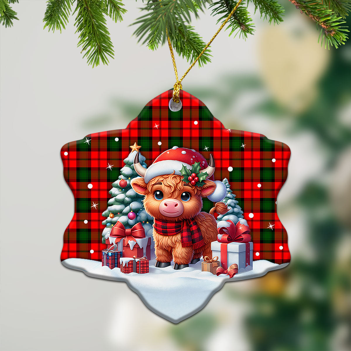 Kerr Modern Tartan Christmas Ceramic Ornament - Highland Cow Winter Style