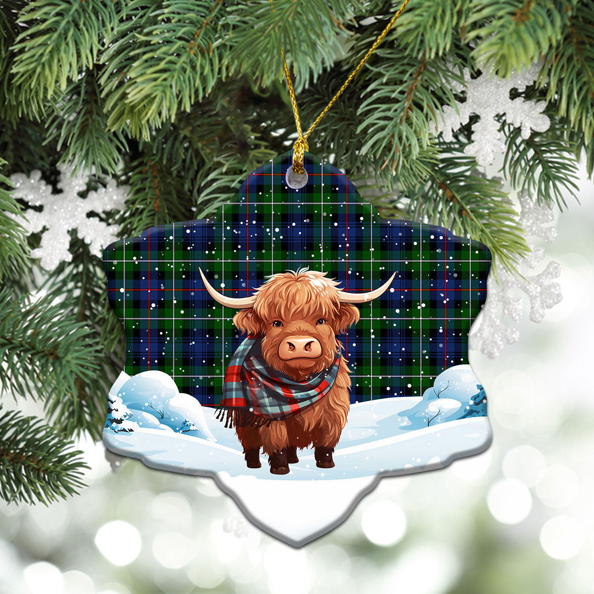 Kirkpatrick Tartan Christmas Ceramic Ornament - Highland Cows Snow Style