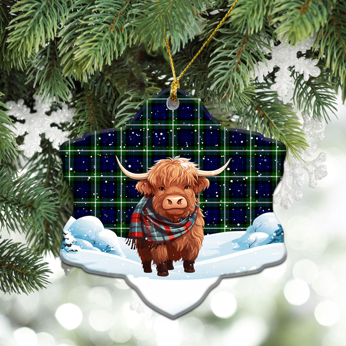 Lamont Modern Tartan Christmas Ceramic Ornament - Highland Cows Snow Style