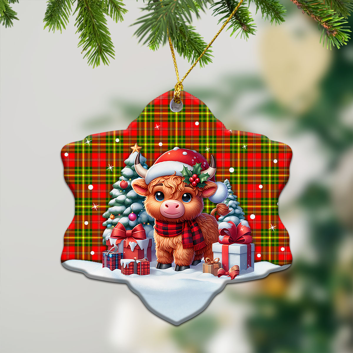 Leask Tartan Christmas Ceramic Ornament - Highland Cow Winter Style