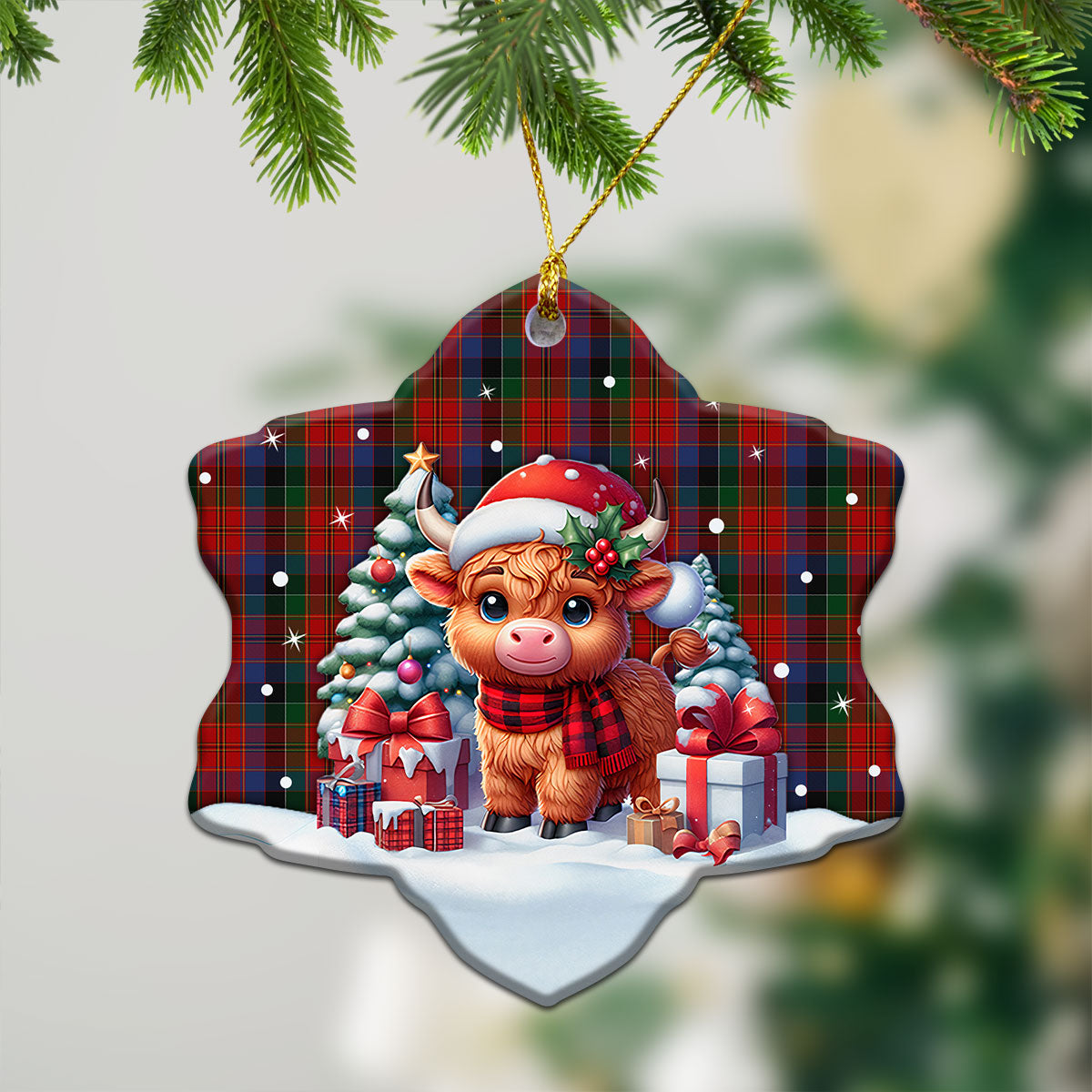 Leith Tartan Christmas Ceramic Ornament - Highland Cow Winter Style