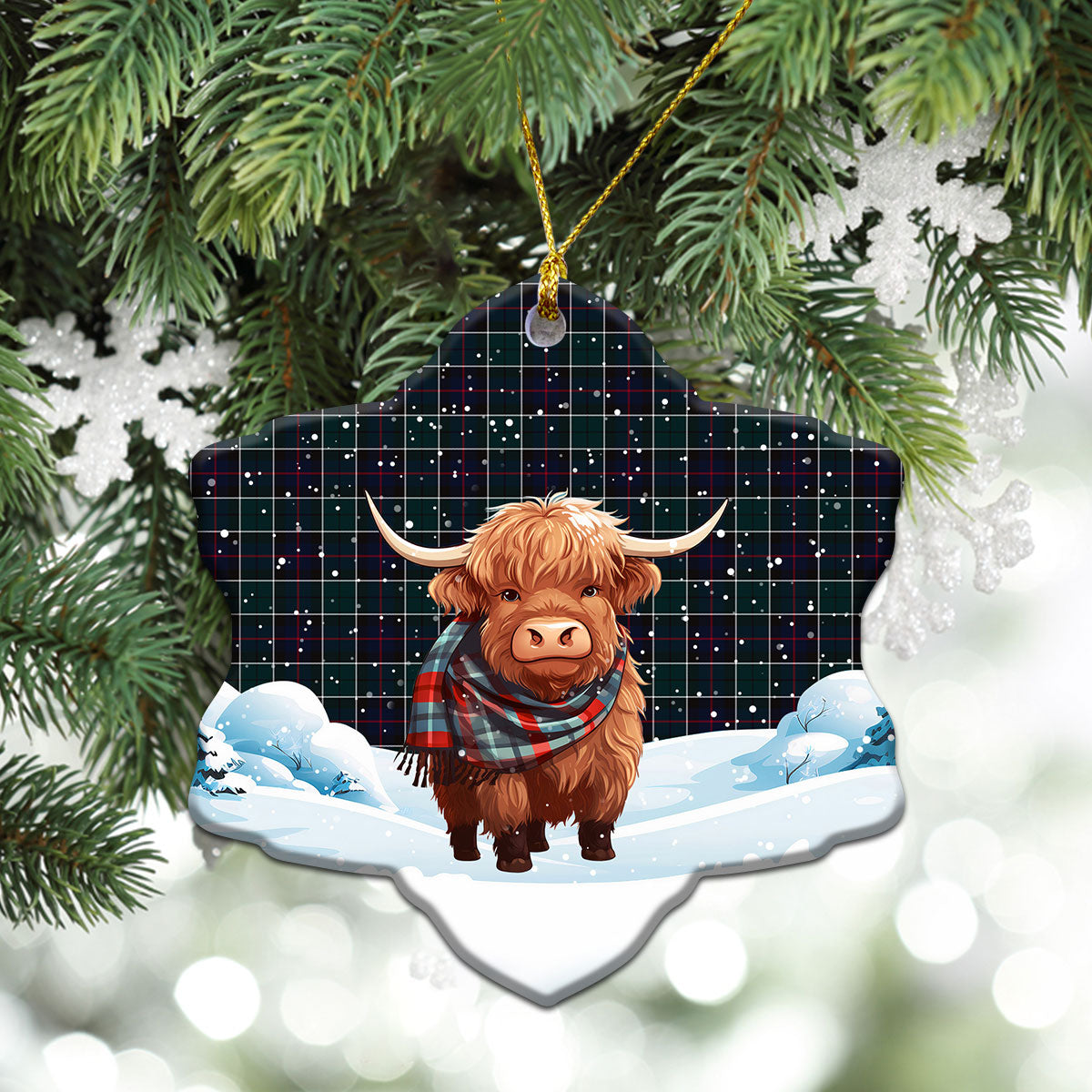 Leslie Hunting Modern Tartan Christmas Ceramic Ornament - Highland Cows Snow Style