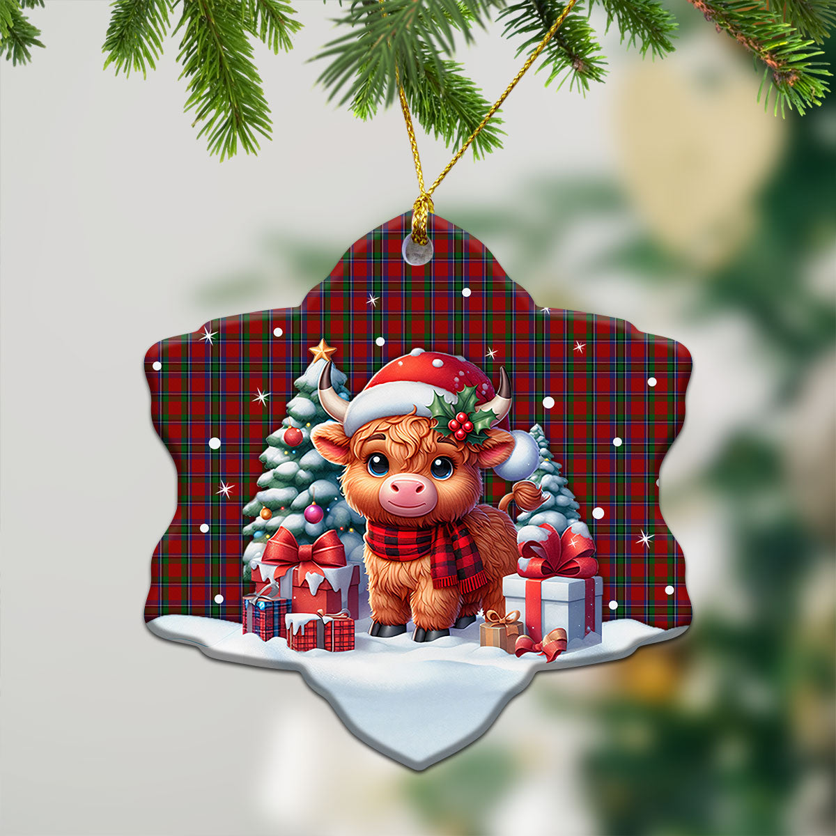 Lyle Tartan Christmas Ceramic Ornament - Highland Cow Winter Style