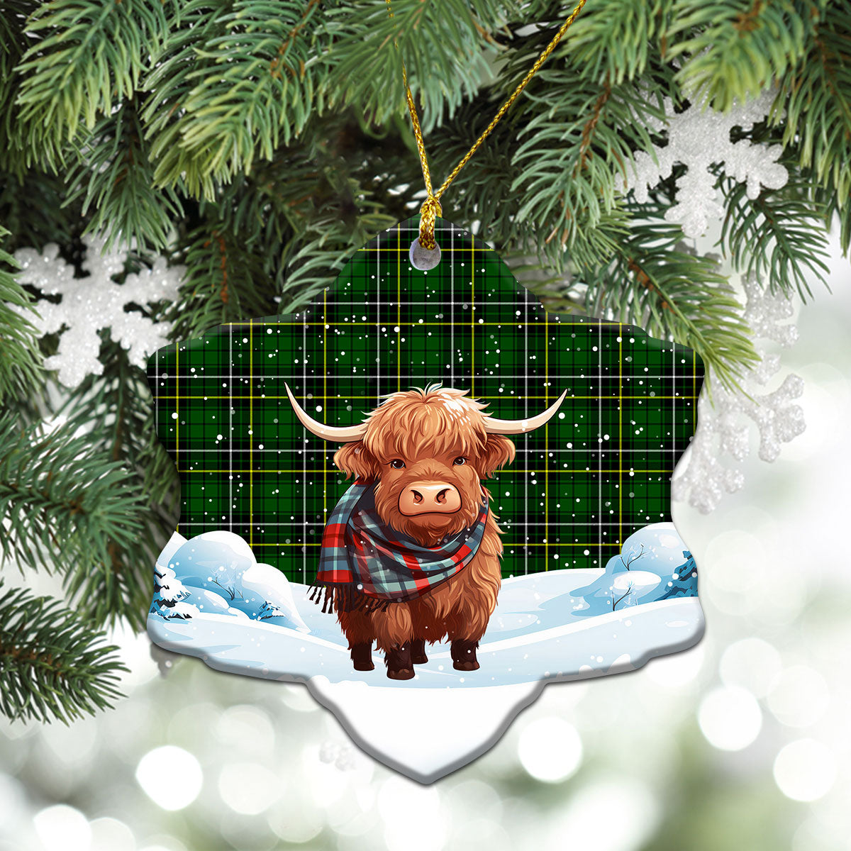 MacAlpine Modern Tartan Christmas Ceramic Ornament - Highland Cows Snow Style