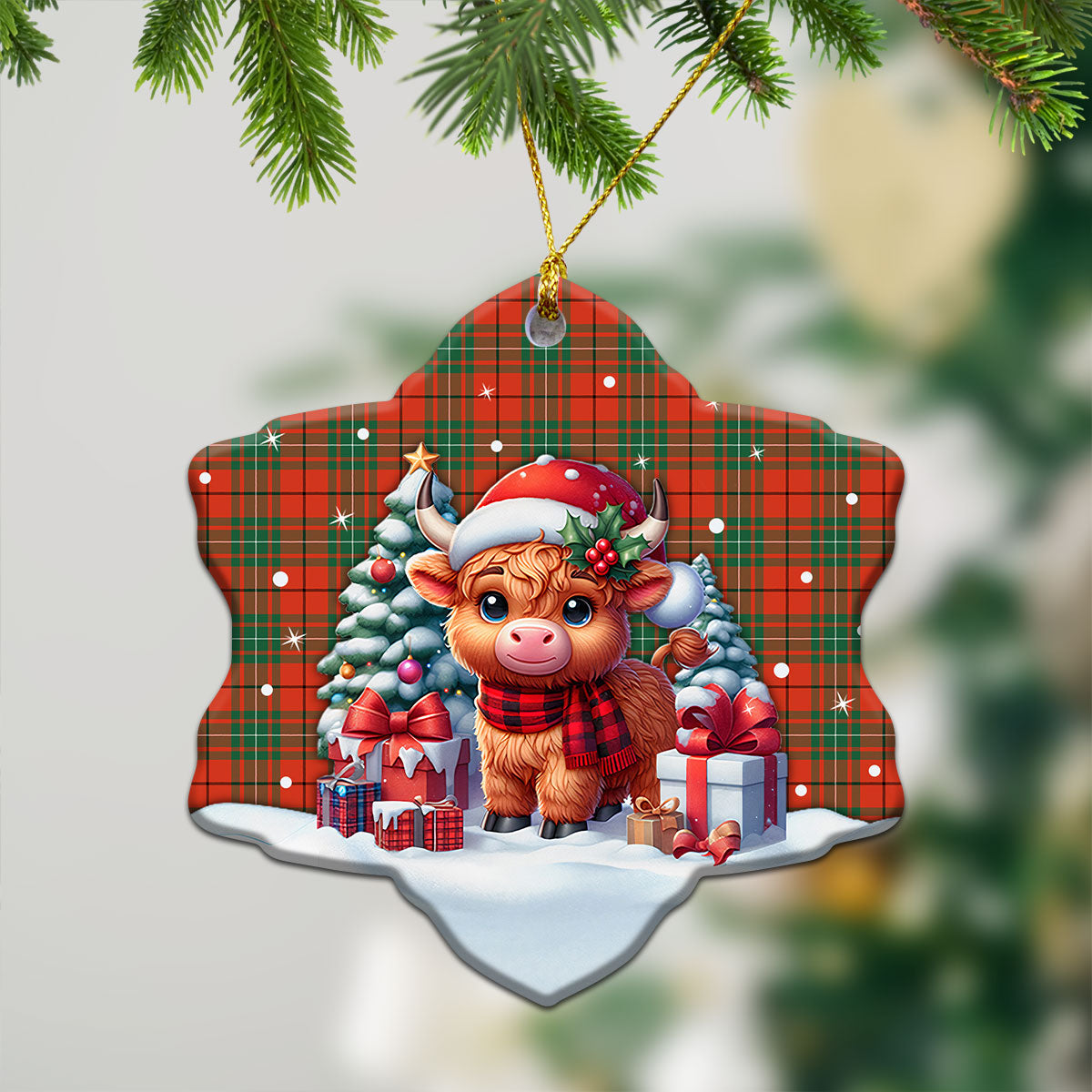 MacAulay Ancient Tartan Christmas Ceramic Ornament - Highland Cow Winter Style