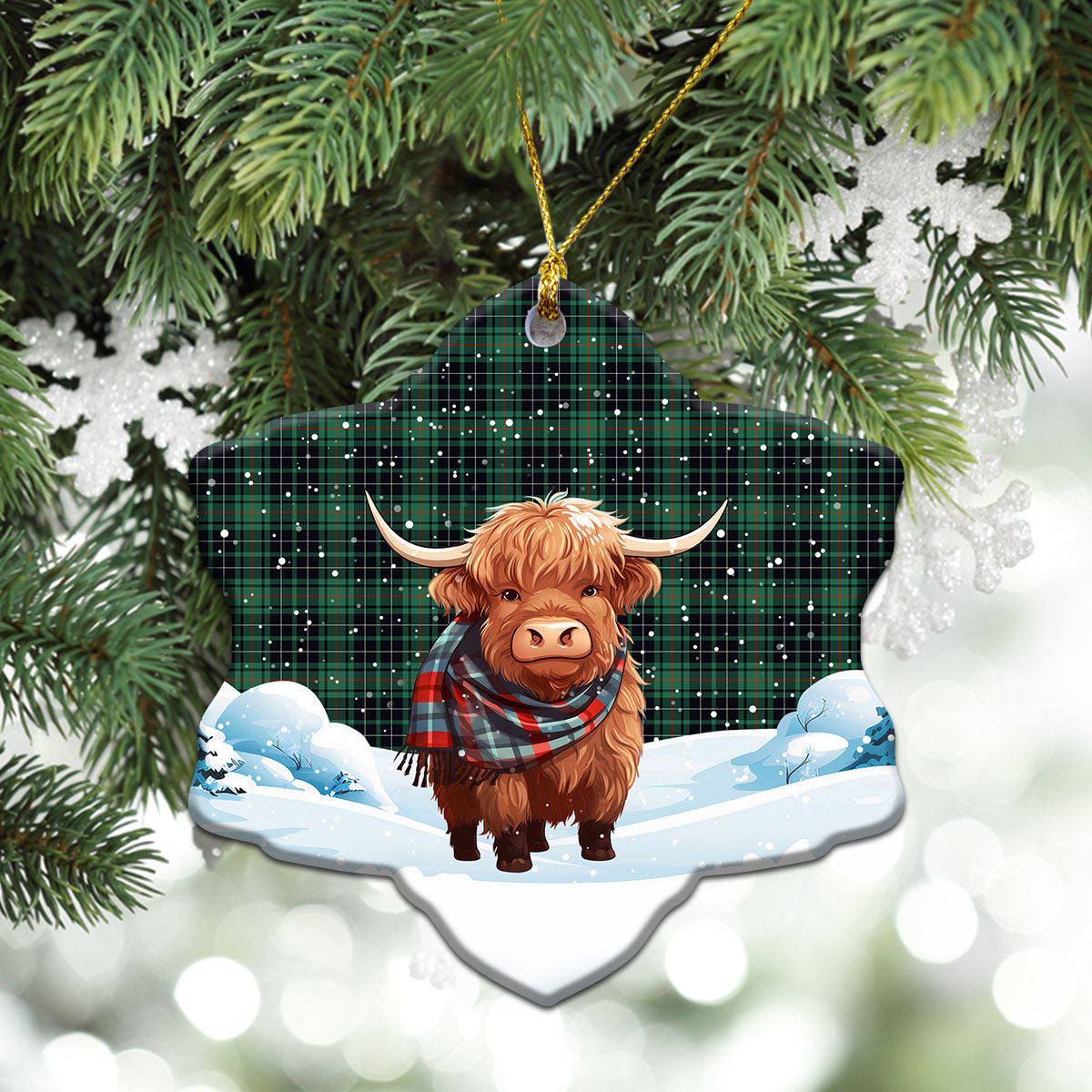 MacAulay Hunting Ancient Tartan Christmas Ceramic Ornament - Highland Cows Snow Style