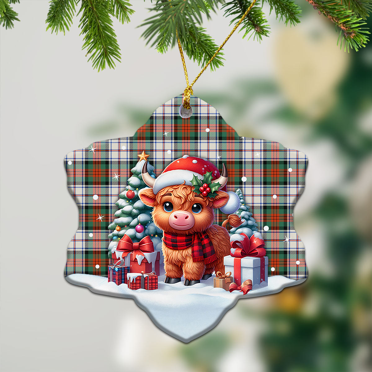 MacDuff Dress Ancient Tartan Christmas Ceramic Ornament - Highland Cow Winter Style