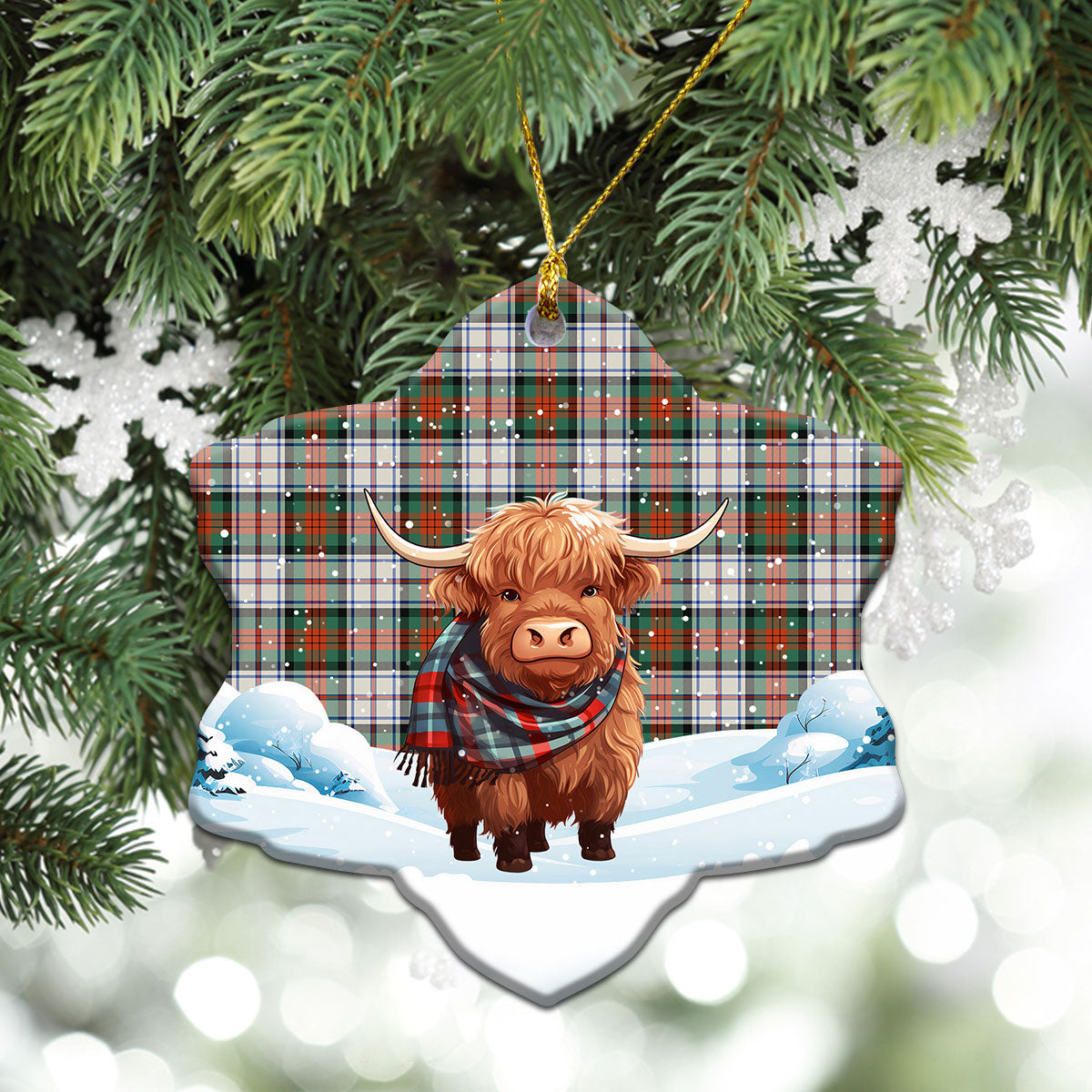 MacDuff Dress Ancient Tartan Christmas Ceramic Ornament - Highland Cows Snow Style