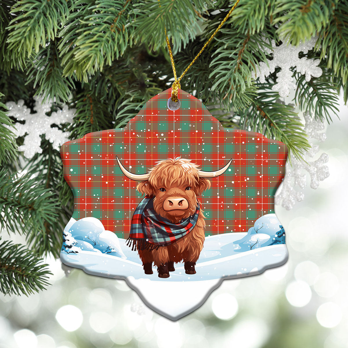 MacFie Ancient Tartan Christmas Ceramic Ornament - Highland Cows Snow Style