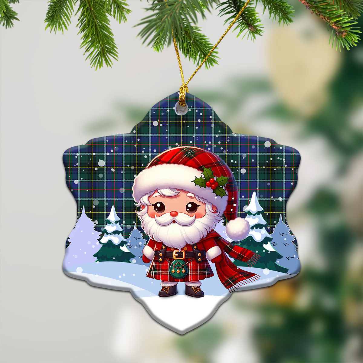 MacInnes Modern Tartan Christmas Ceramic Ornament - Santa Claus In Kilt Style