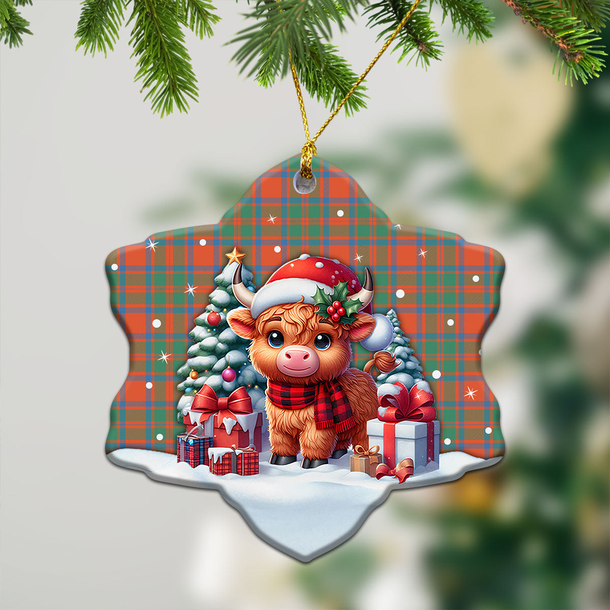 MacIntosh Ancient Tartan Christmas Ceramic Ornament - Highland Cow Winter Style