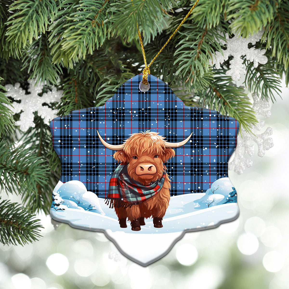 MacKay Blue Tartan Christmas Ceramic Ornament - Highland Cows Snow Style