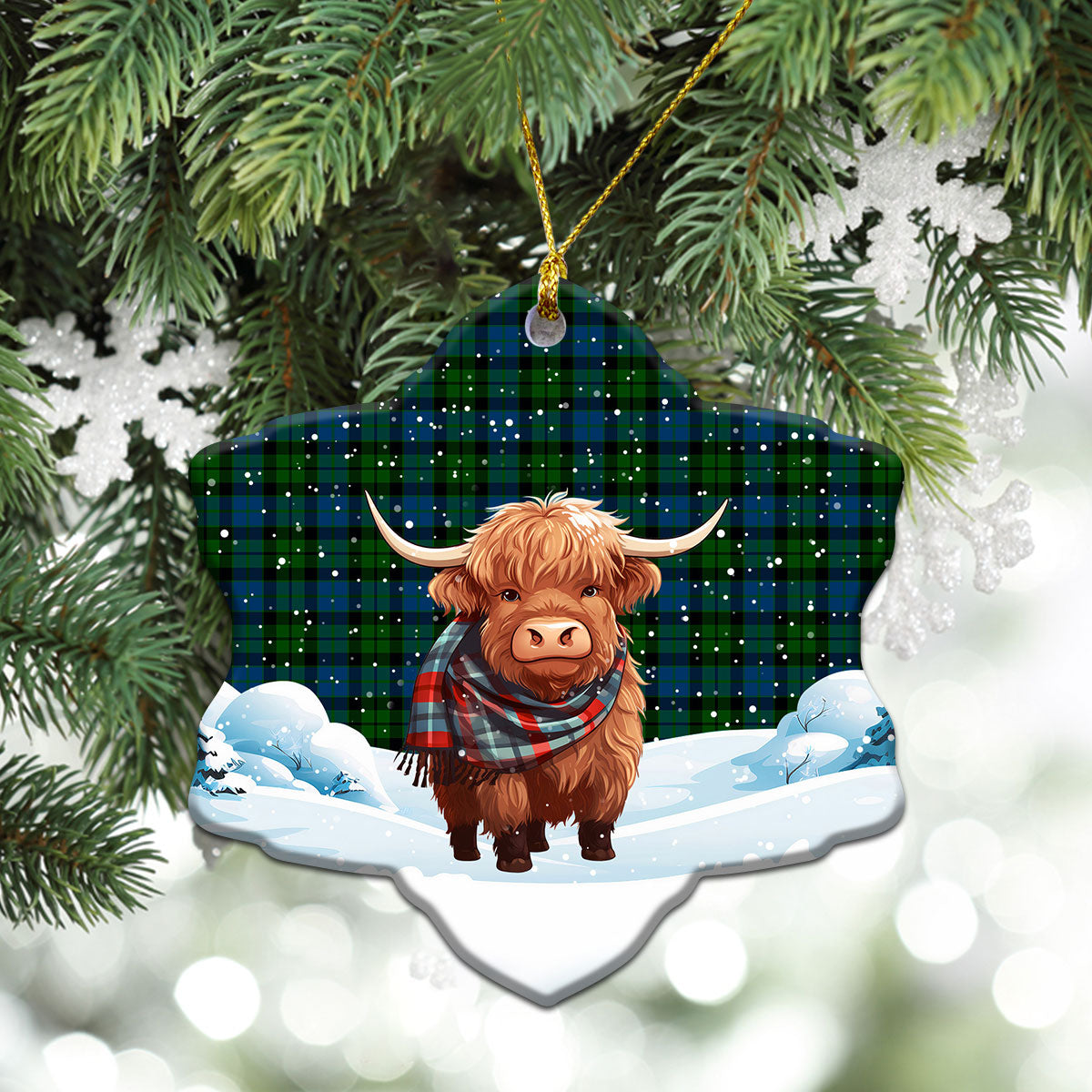 MacKay Modern Tartan Christmas Ceramic Ornament - Highland Cows Snow Style