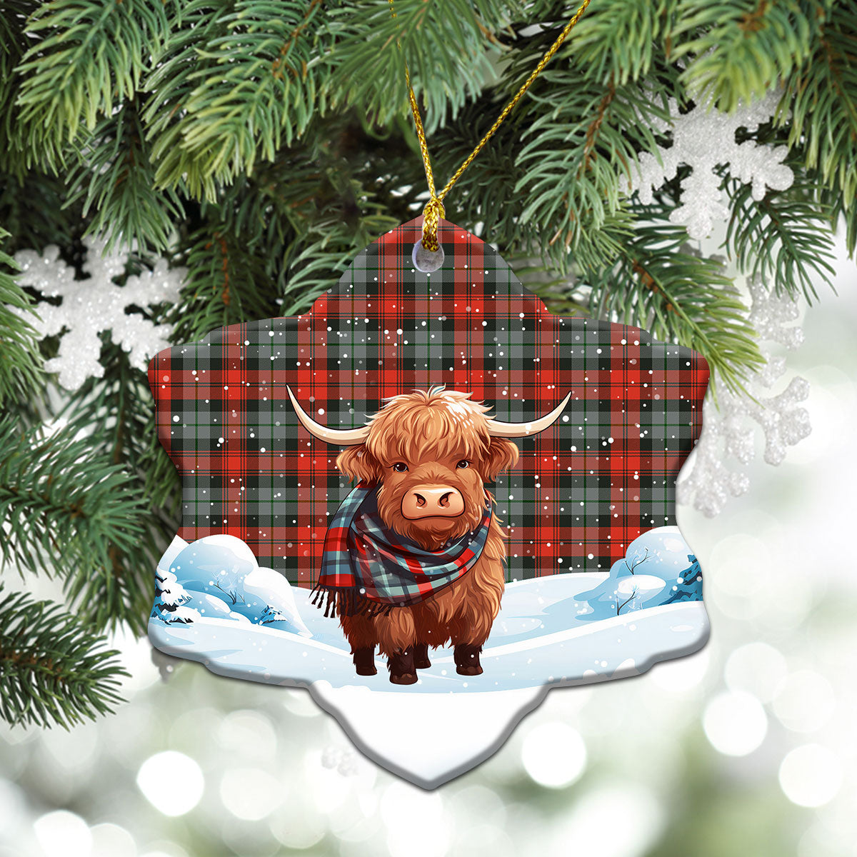 MacLachlan Weathered Tartan Christmas Ceramic Ornament - Highland Cows Snow Style