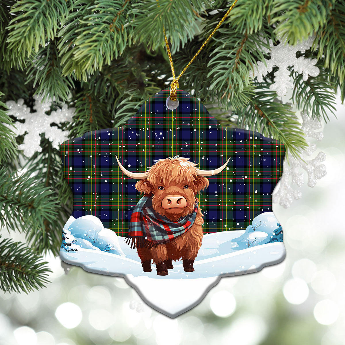 MacLaren Modern Tartan Christmas Ceramic Ornament - Highland Cows Snow Style