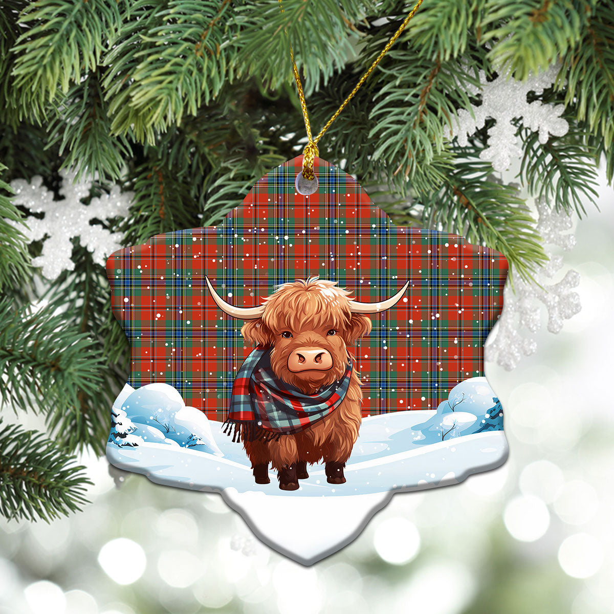 MacLean of Duart Ancient Tartan Christmas Ceramic Ornament - Highland Cows Snow Style