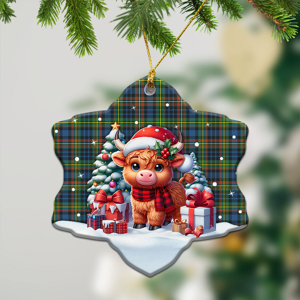 MacLellan Ancient Tartan Christmas Ceramic Ornament - Highland Cow Winter Style