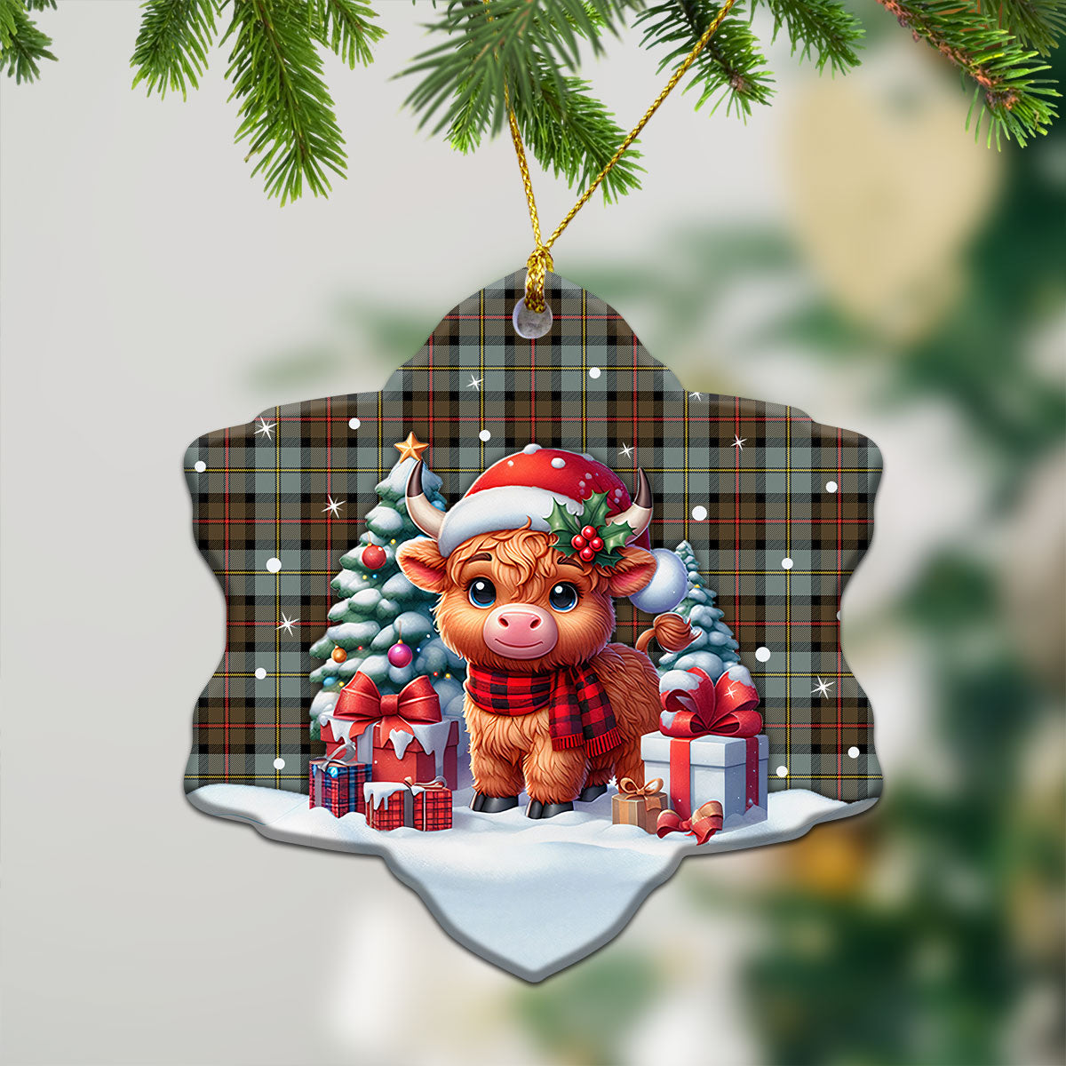 MacLeod of Harris Weathered Tartan Christmas Ceramic Ornament - Highland Cow Winter Style