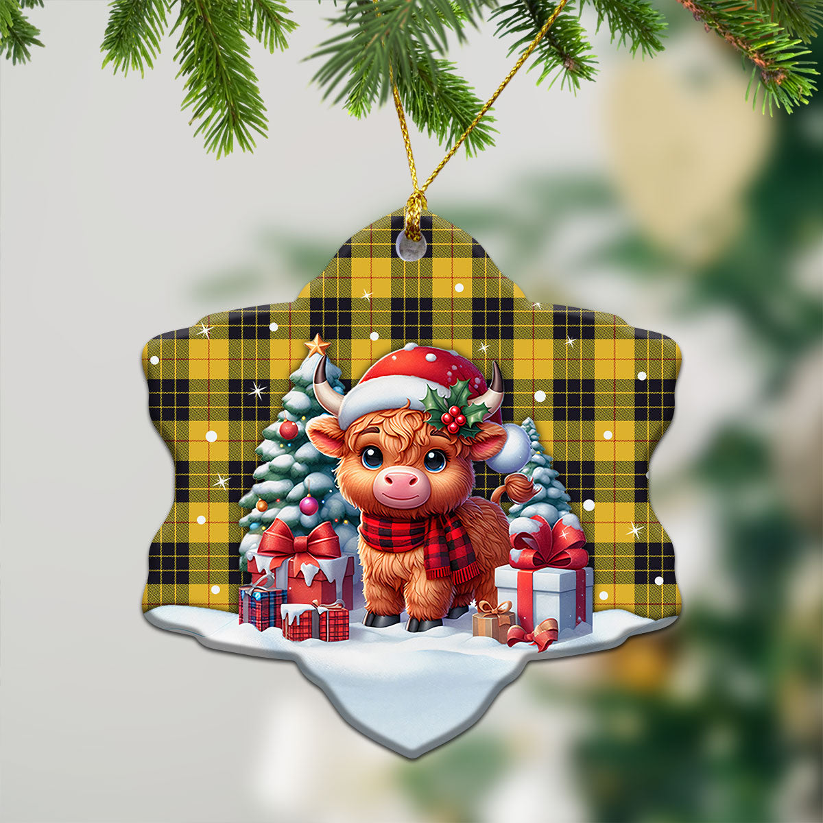 MacLeod of Lewis Ancient Tartan Christmas Ceramic Ornament - Highland Cow Winter Style