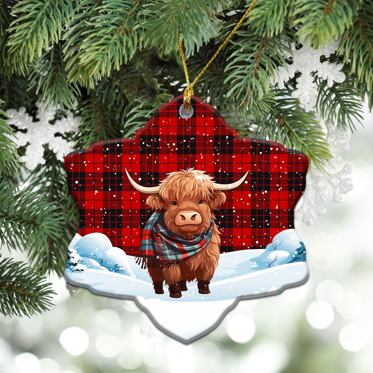 MacLeod of Raasay Tartan Christmas Ceramic Ornament - Highland Cows Snow Style