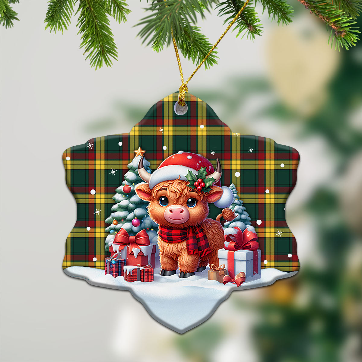 MacMillan Old Modern Tartan Christmas Ceramic Ornament - Highland Cow Winter Style