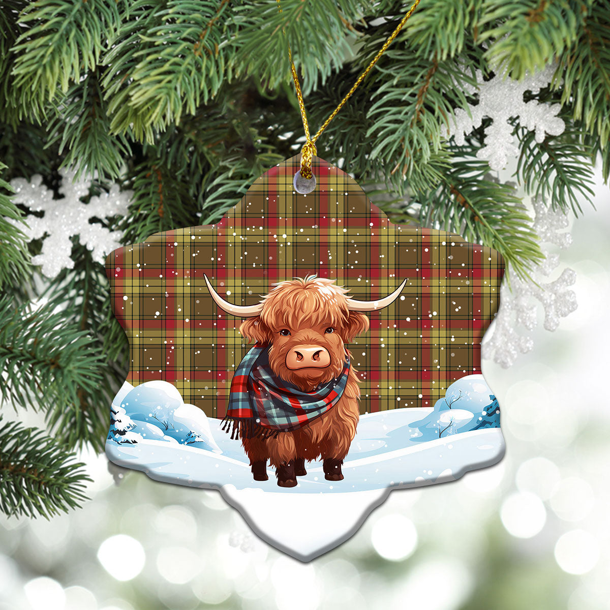 MacMillan Old Weathered Tartan Christmas Ceramic Ornament - Highland Cows Snow Style