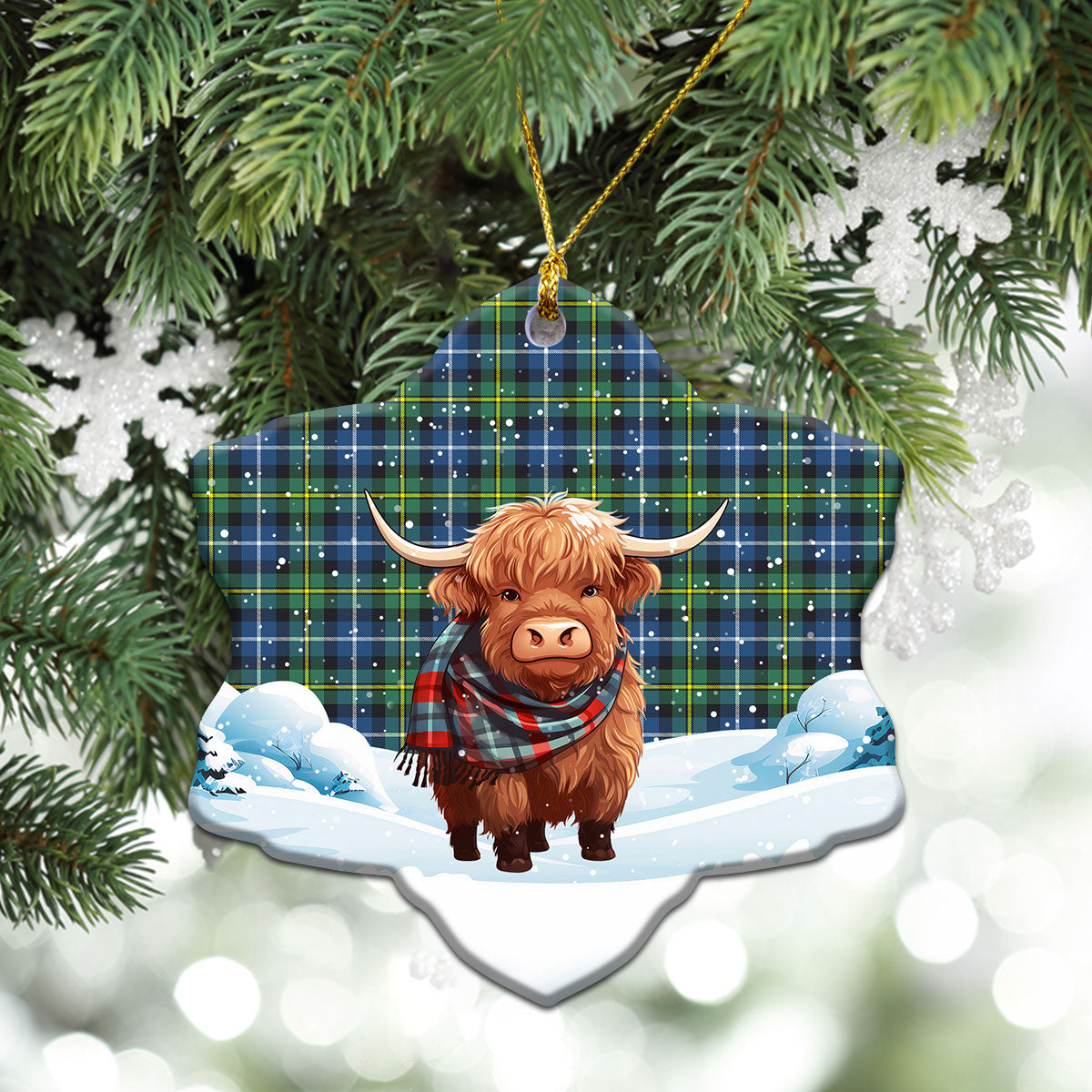 MacNeil of Barra Ancient Tartan Christmas Ceramic Ornament - Highland Cows Snow Style