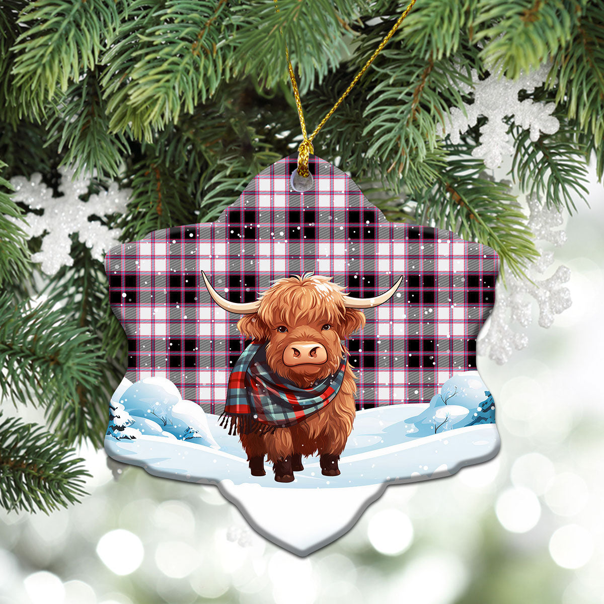 MacPherson Hunting Modern Tartan Christmas Ceramic Ornament - Highland Cows Snow Style