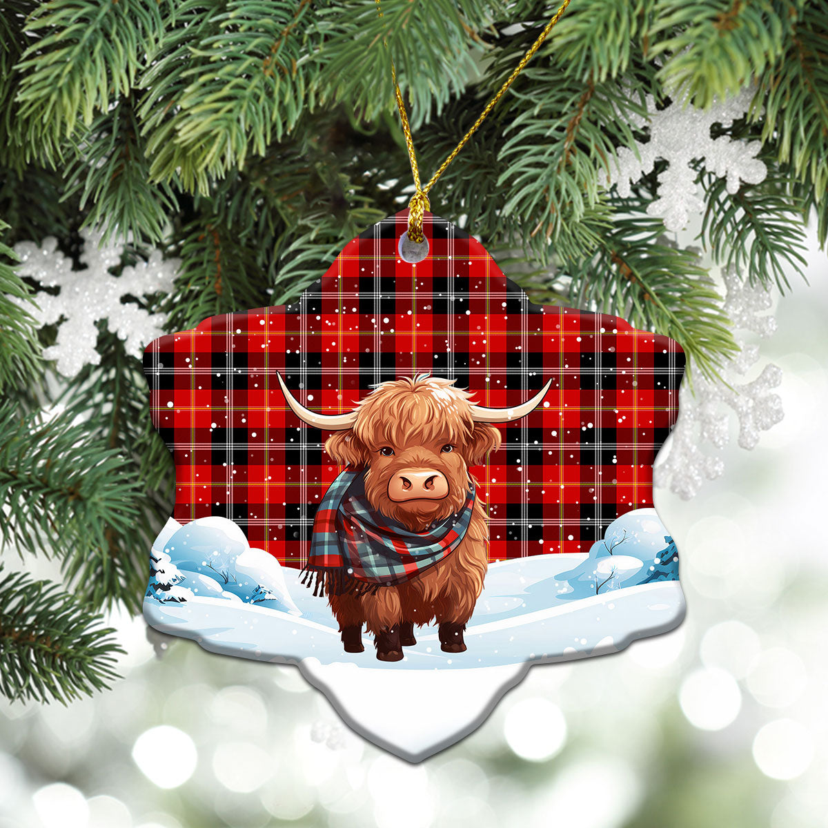 Majoribanks Tartan Christmas Ceramic Ornament - Highland Cows Snow Style