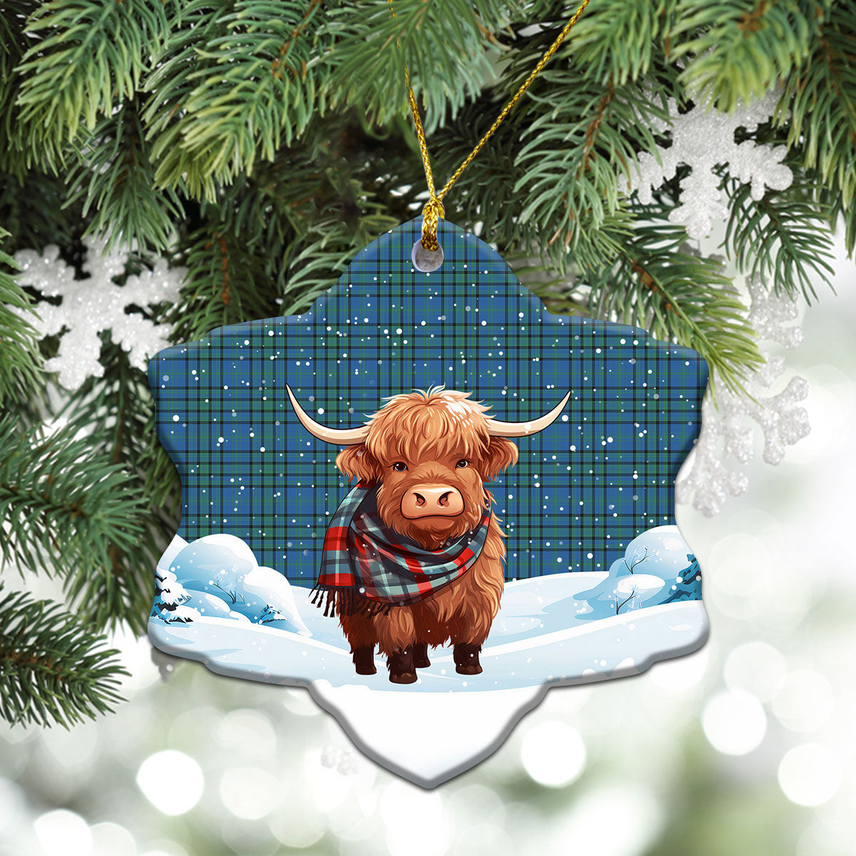 Matheson Hunting Ancient Tartan Christmas Ceramic Ornament - Highland Cows Snow Style