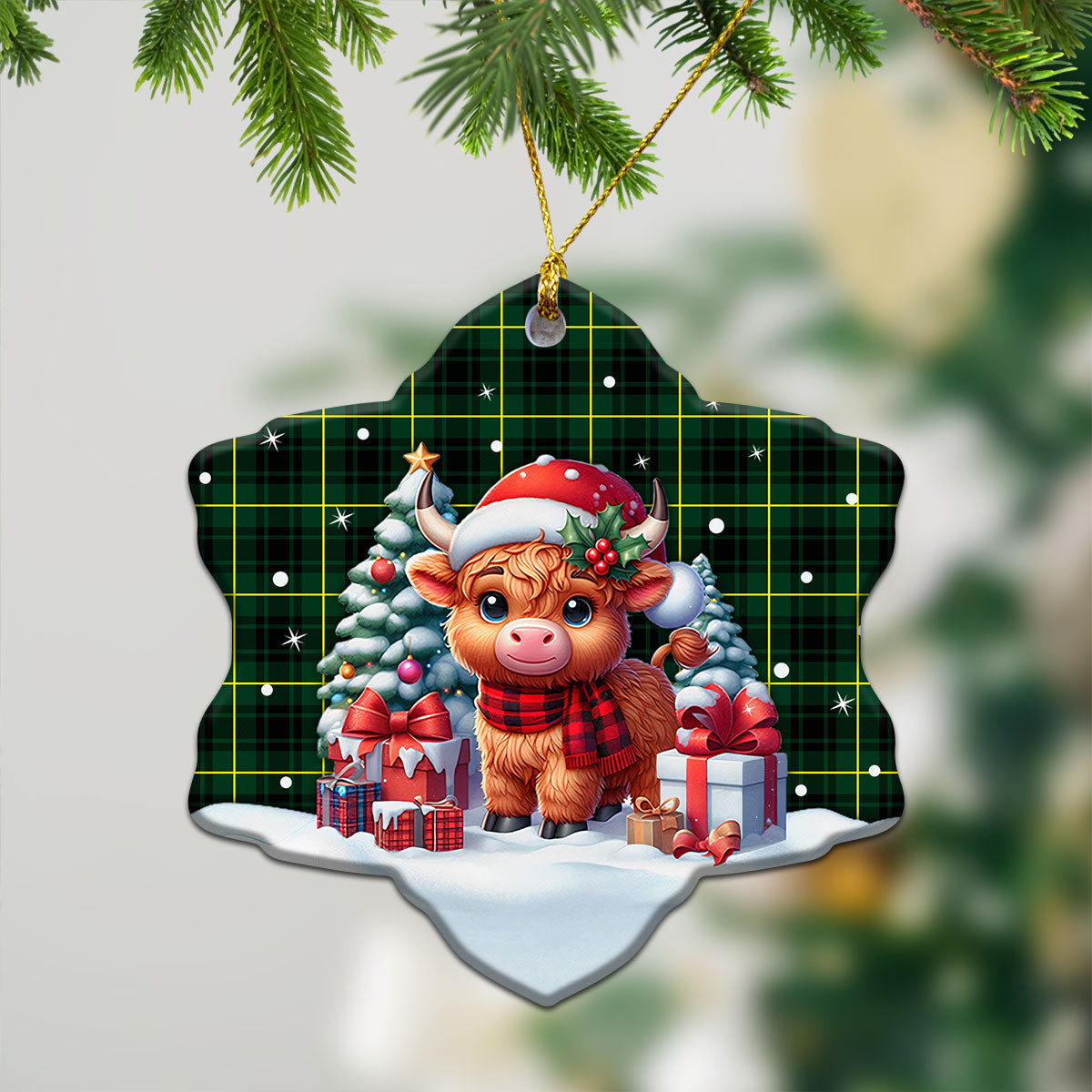 McArthur Modern Tartan Christmas Ceramic Ornament - Highland Cow Winter Style