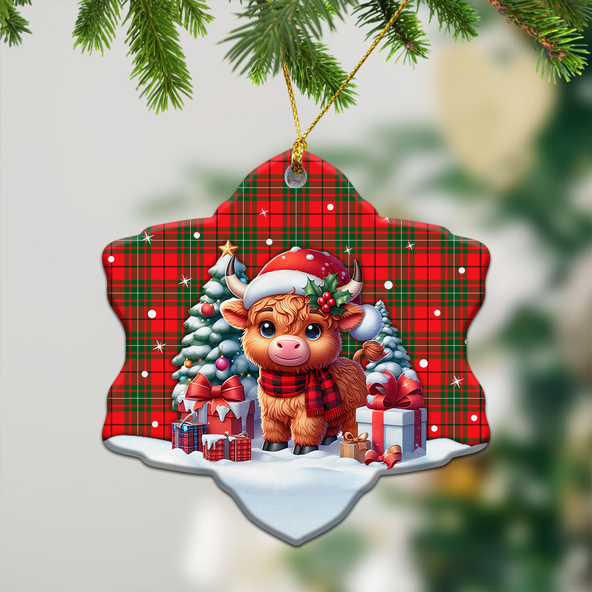 McAulay Modern Tartan Christmas Ceramic Ornament - Highland Cow Winter Style