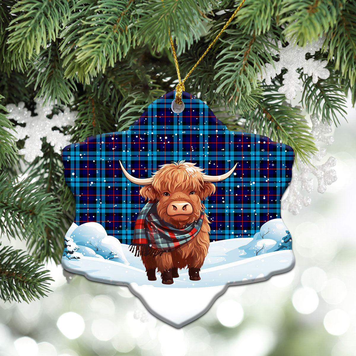 McCorquodale Tartan Christmas Ceramic Ornament - Highland Cows Snow Style