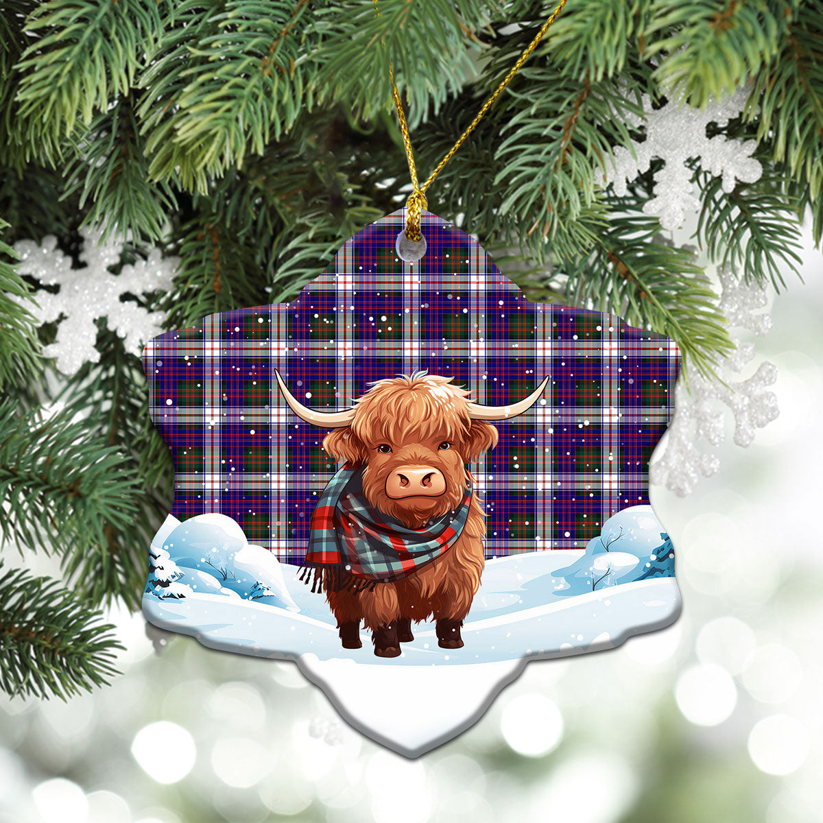 McDonald Dress Modern Tartan Christmas Ceramic Ornament - Highland Cows Snow Style